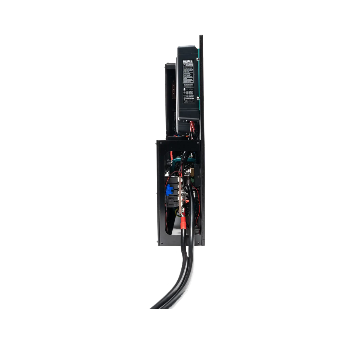 Enerdrive passenger side Adventurer 03 power system edge view with internal wiring and battery leads visible.