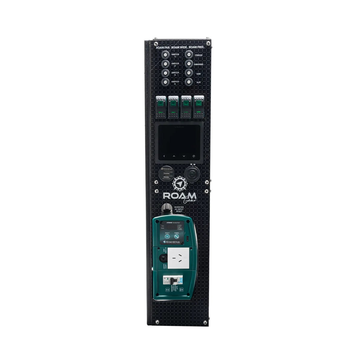 Enerdrive passenger side Adventurer 03 control panel with a blank monitor, rocker switches and an AC outlet.