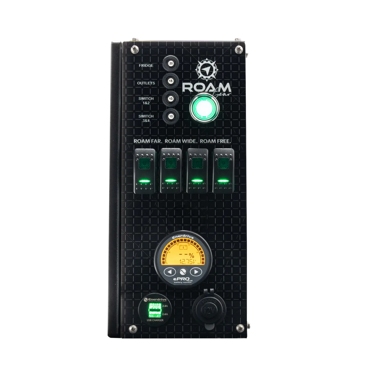 Enerdrive Explorer 01 front control panel with green illuminated switches and an orange ePRO PLUS display.