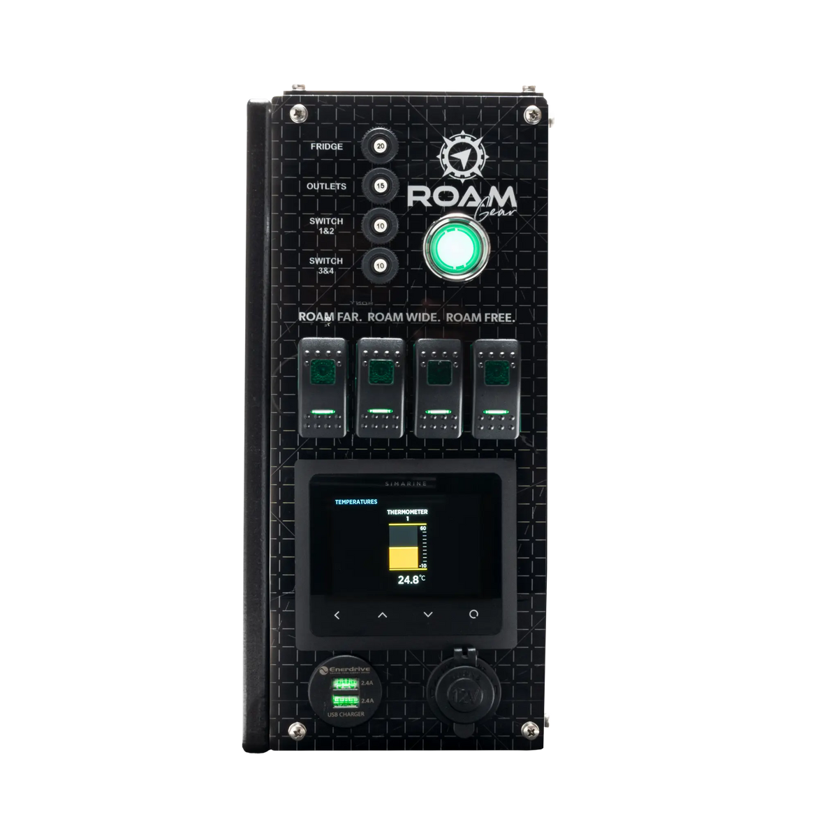 Enerdrive Explorer 02 control panel with a temperature reading on the Simarine display.