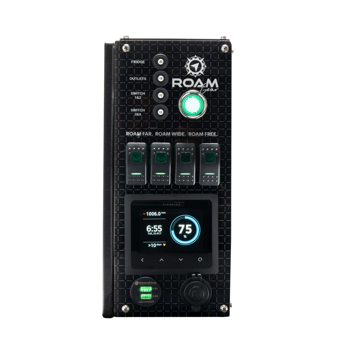 Enerdrive Explorer 02 front control panel with illuminated switches and a Simarine battery charge display.