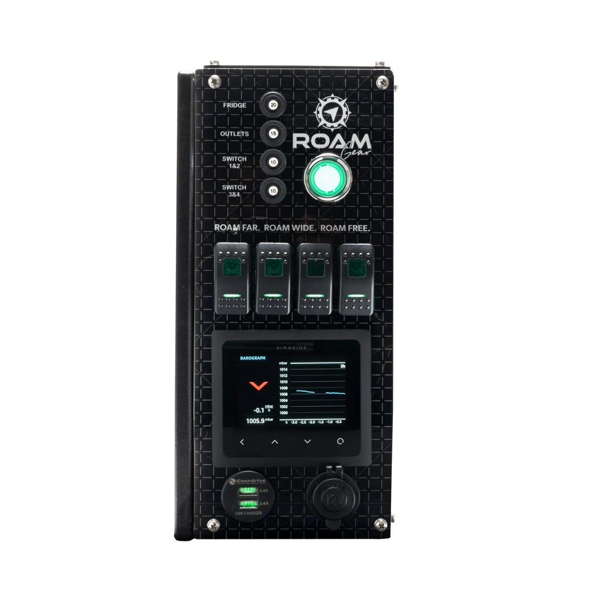 Enerdrive Explorer 03 control panel with an atmospheric pressure graph on the Simarine display.