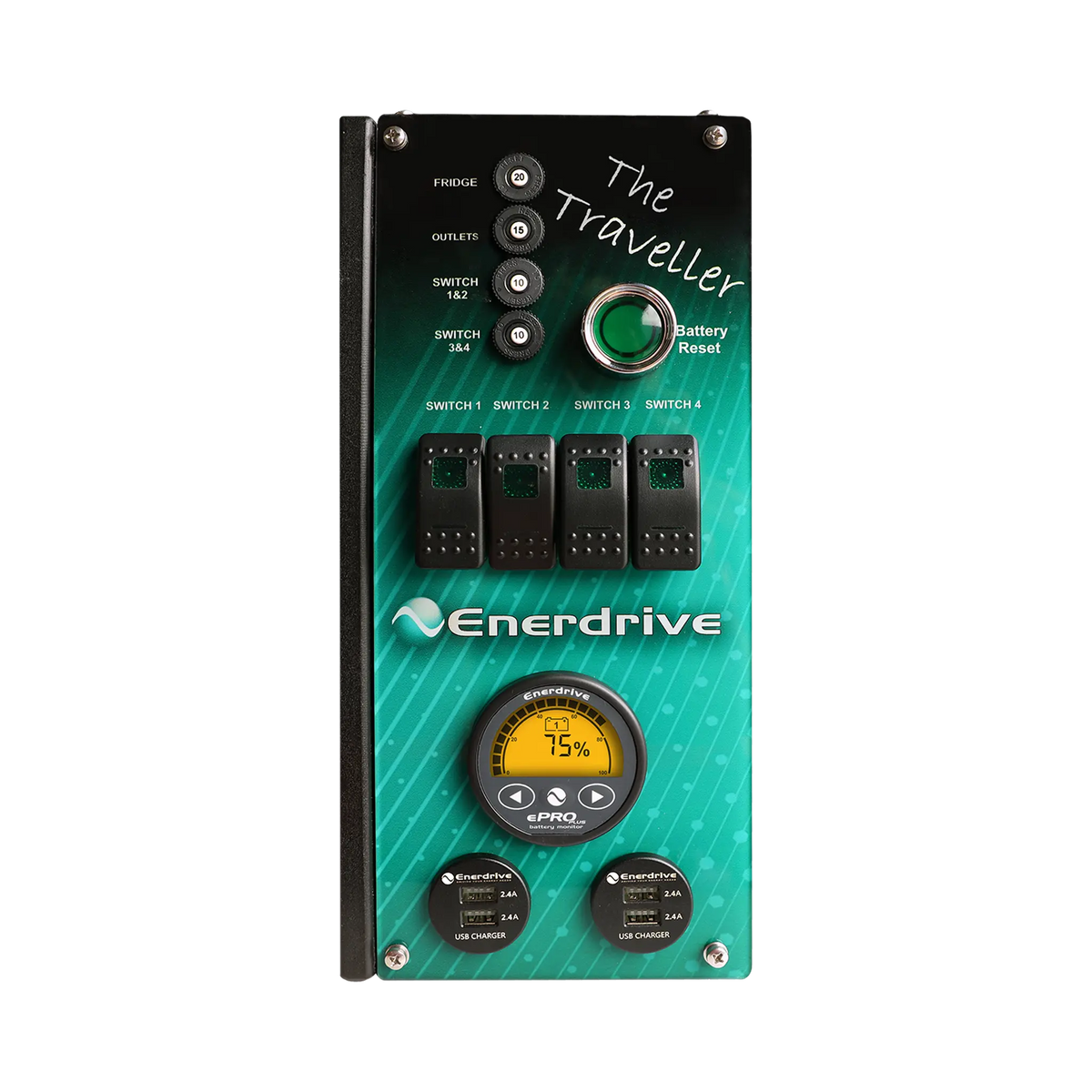 Enerdrive Traveller 01 green control panel with a round ePRO PLUS monitor, four rocker switches and USB ports.