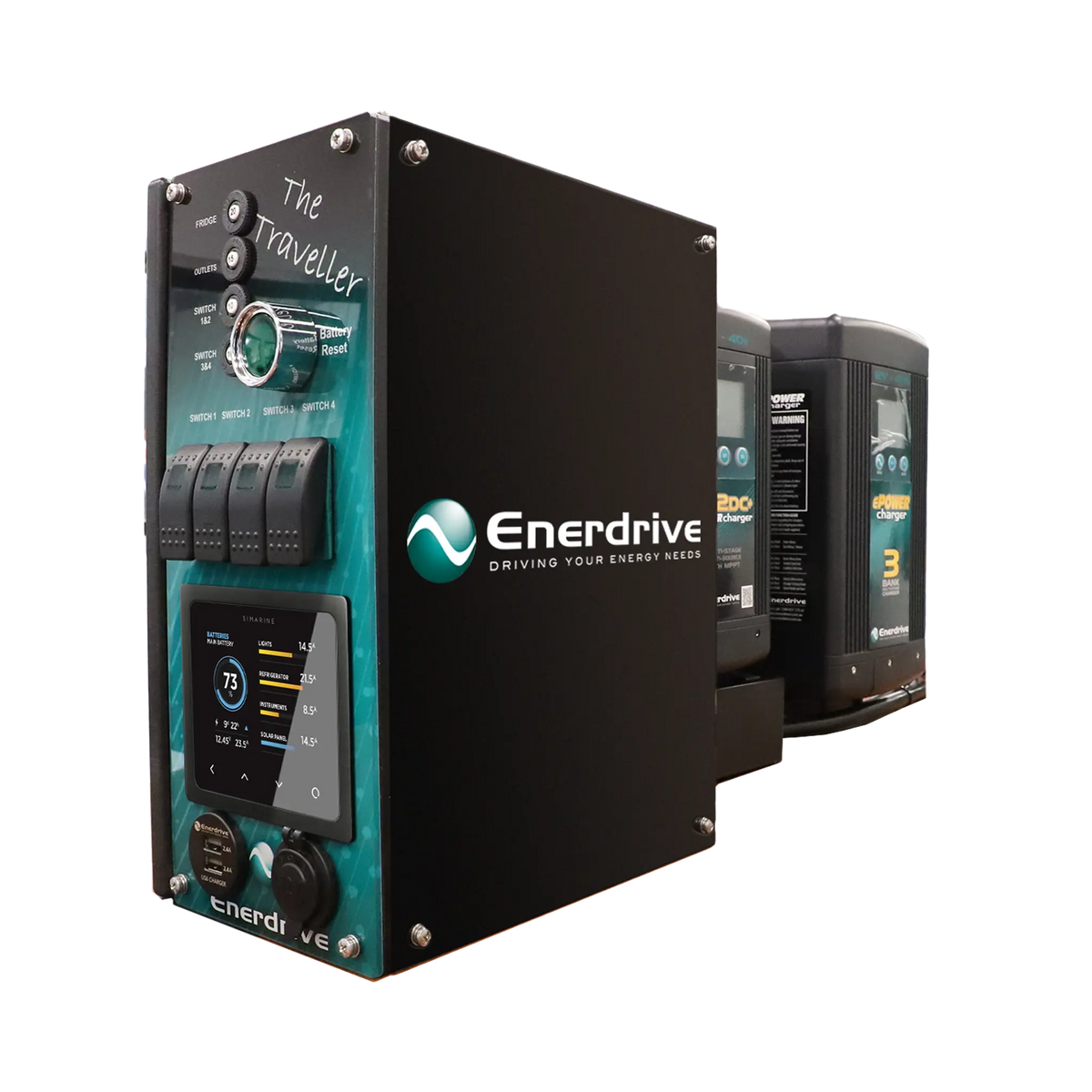 Enerdrive passenger side Traveller 02 power system angled view with its monitor, switches and sockets visible.