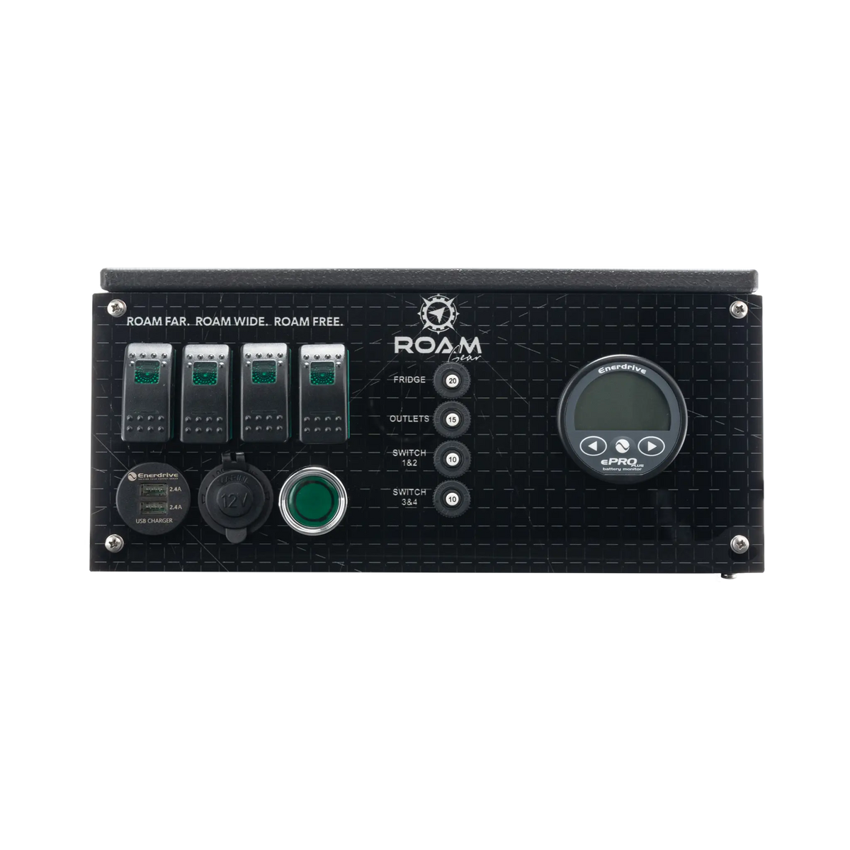 Enerdrive Explorer 01 roof mount power system with the horizontal display, switches and USB ports unlit.