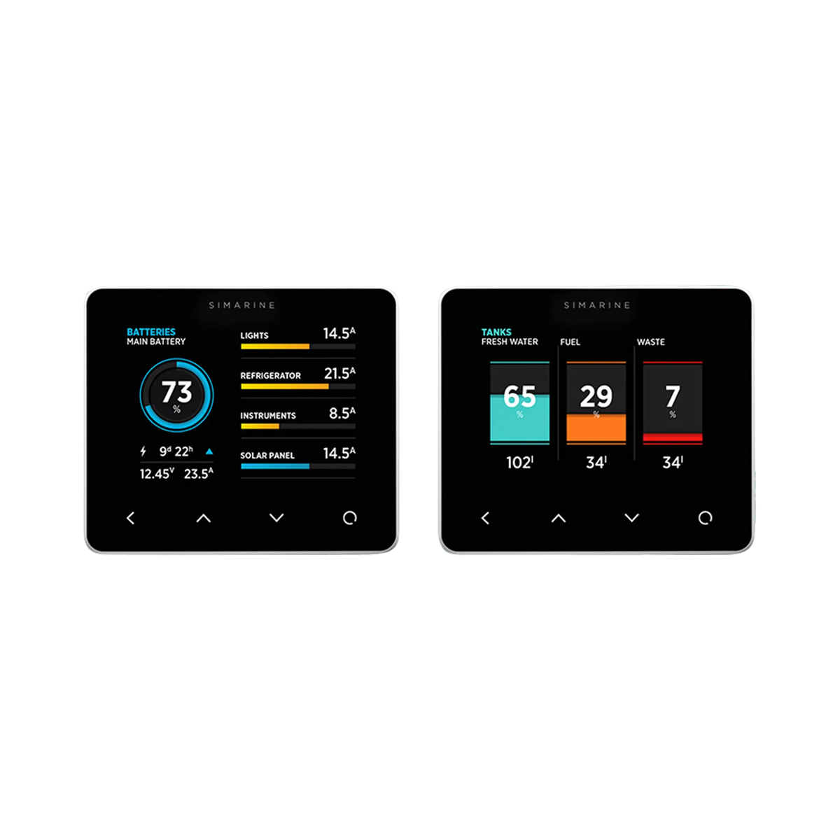 Enerdrive Simarine Pico-3 display examples with battery status and tank levels.