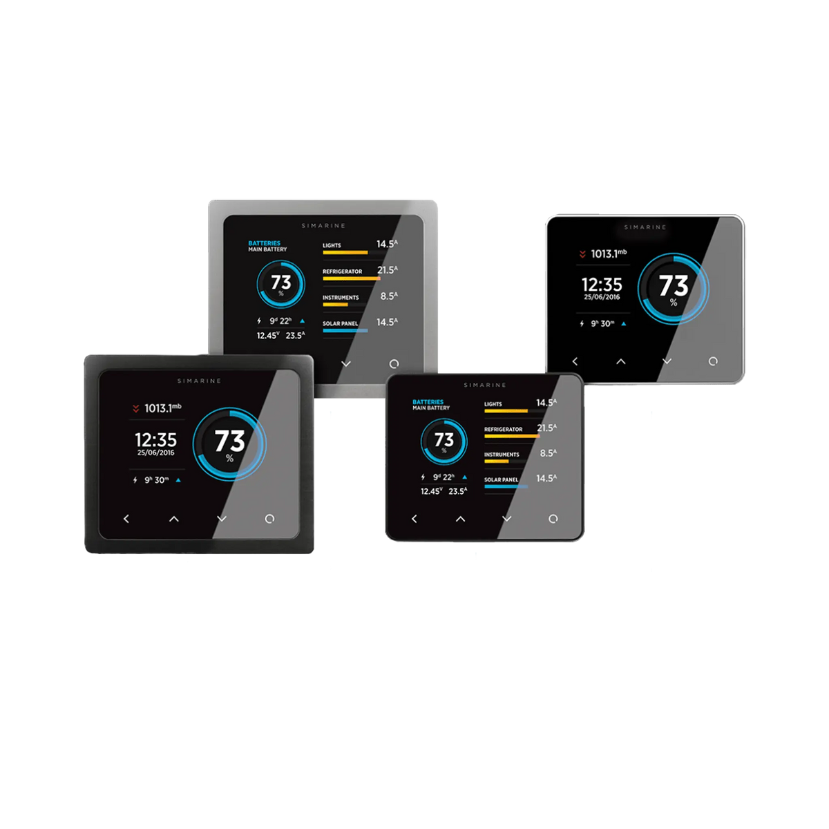 Enerdrive Simarine Pico-3 display examples with black and silver surrounds and different screen layouts.