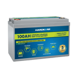 Hardkorr 100Ah 12V lithium battery front left view with top terminals and a blue and yellow front label.