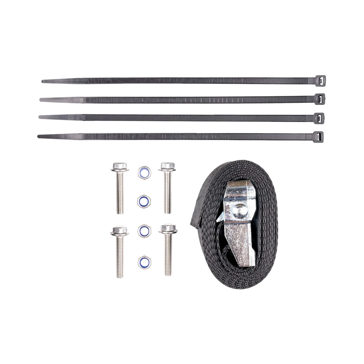 Hardkorr 100Ah lithium battery tray fitting kit with cable ties, bolts, washers and a tie down strap.