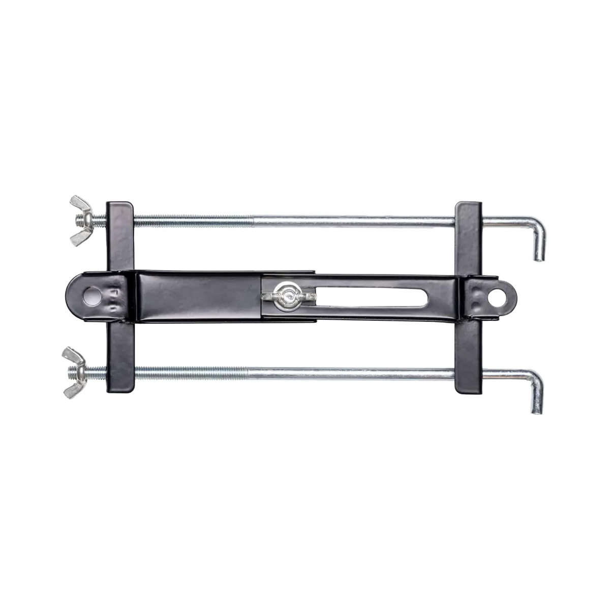 Hardkorr 100Ah lithium battery tray clamp assembly with threaded rods, wing nuts and brackets.