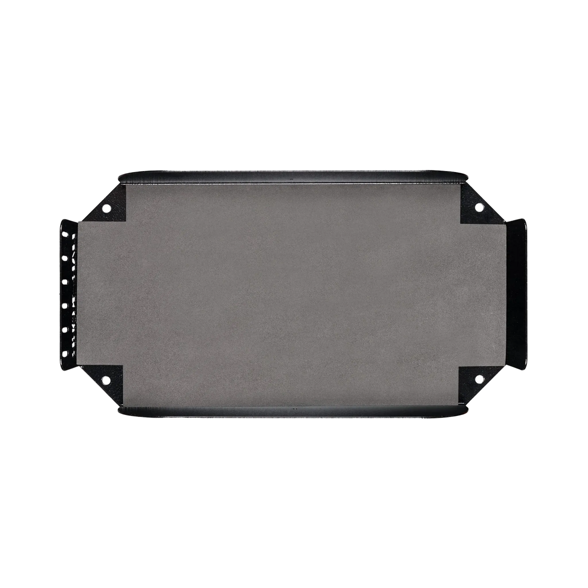 Hardkorr 100Ah lithium battery tray top view showing the carpeted base and mounting flanges.