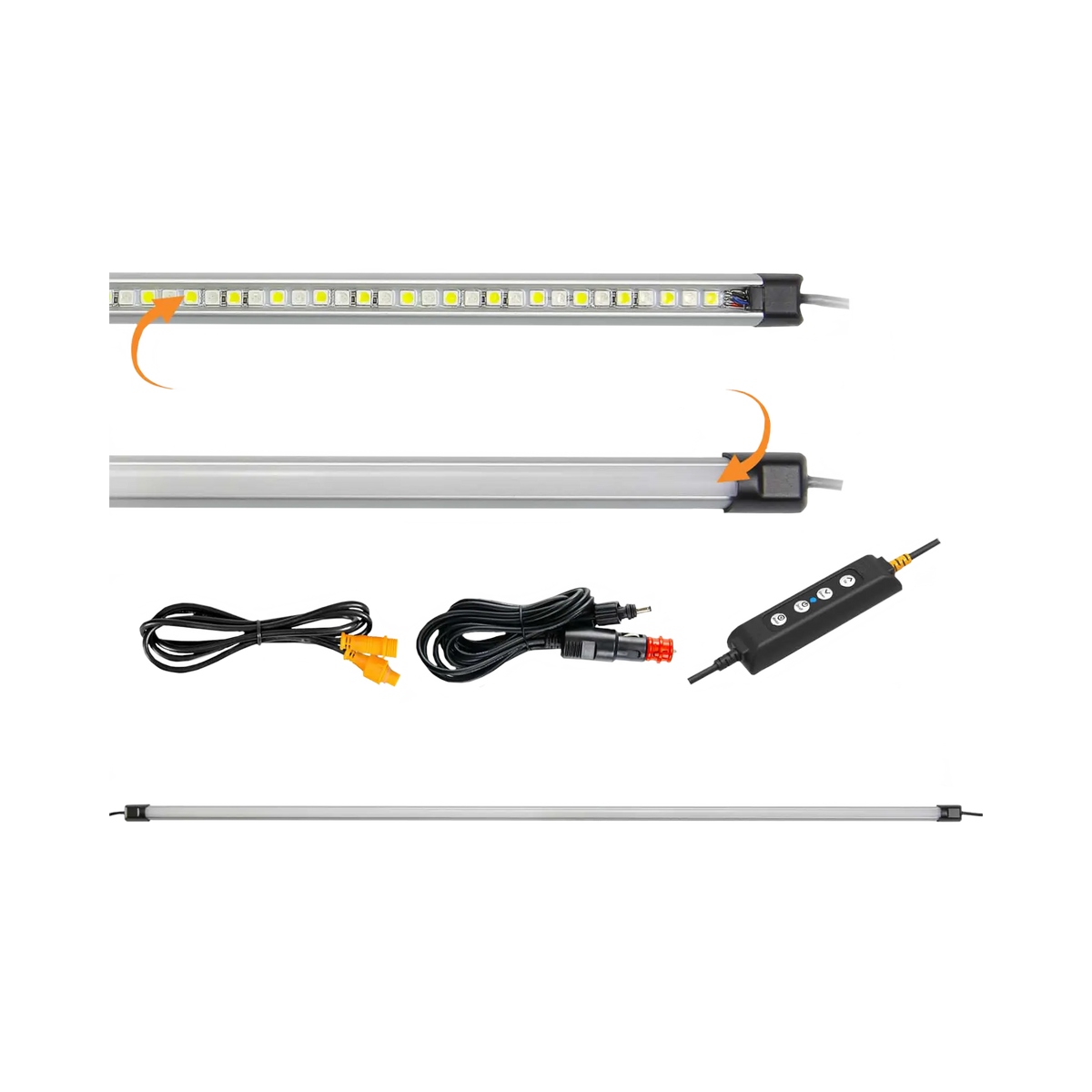 Hardkorr 100cm LED light bar kit with diffuser fitted and removed, plus a dimmer and power cables.
