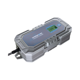 Hardkorr 10A 240V AC battery charger angled top view with LCD screen and attached cable.