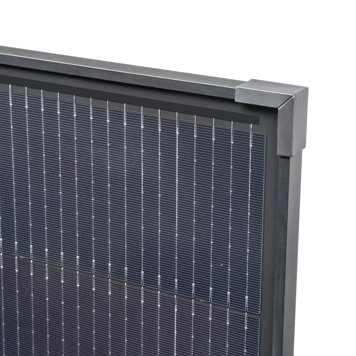 Hardkorr 120W fixed glass solar panel upper frame corner detail.