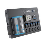 Hardkorr 12V control hub with 40A DCDC charger viewed from the front and side.