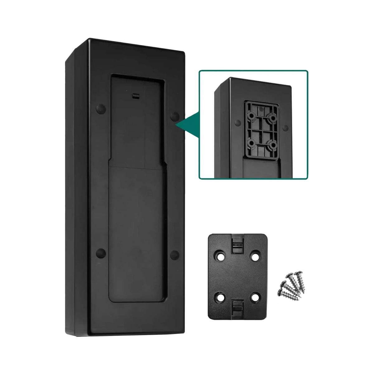 Large Hardkorr 12V DC power distribution box rear view with mounting plate, screws and an attachment slot inset.
