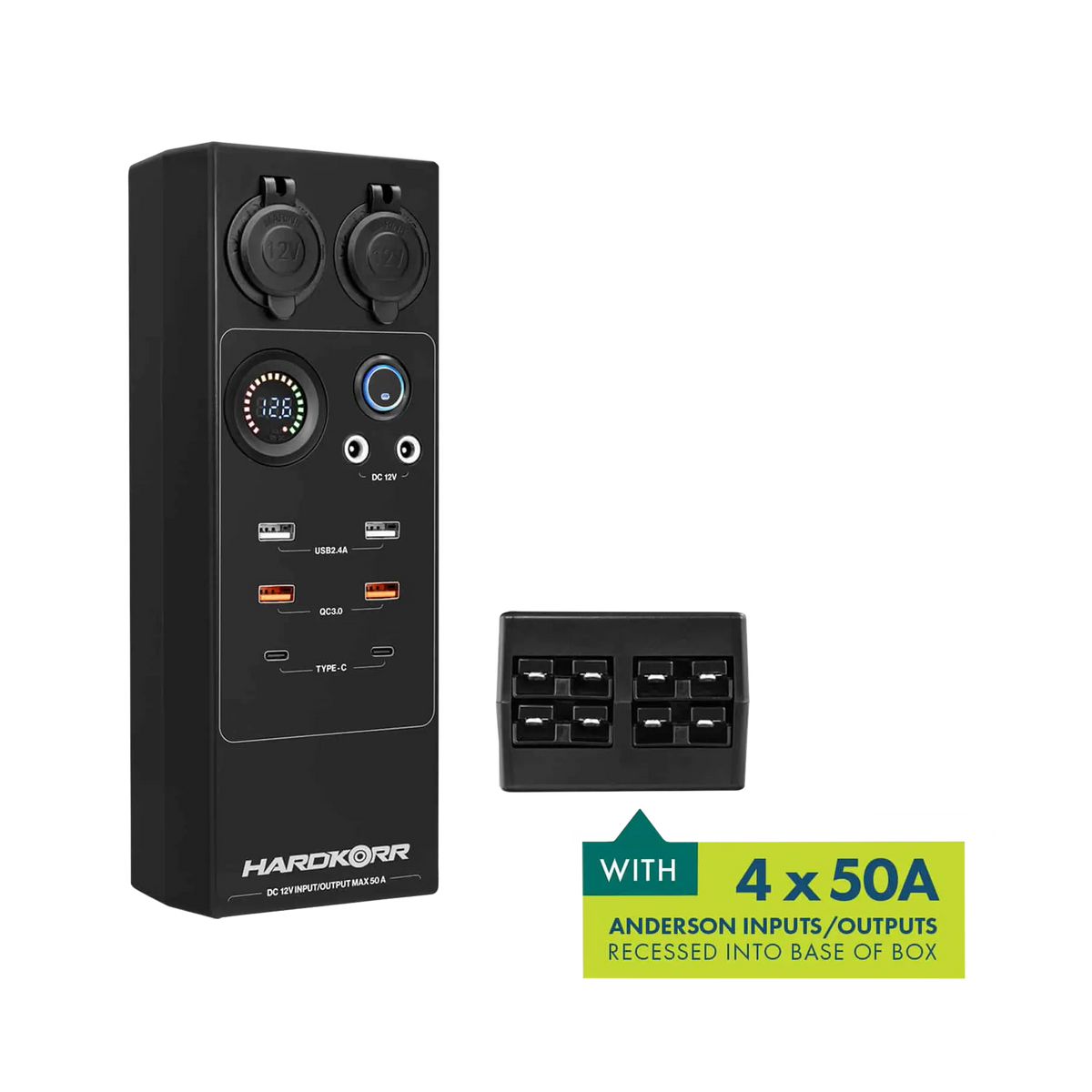 Large Hardkorr 12V DC power distribution box angled view with an inset of its four 50A Anderson ports.