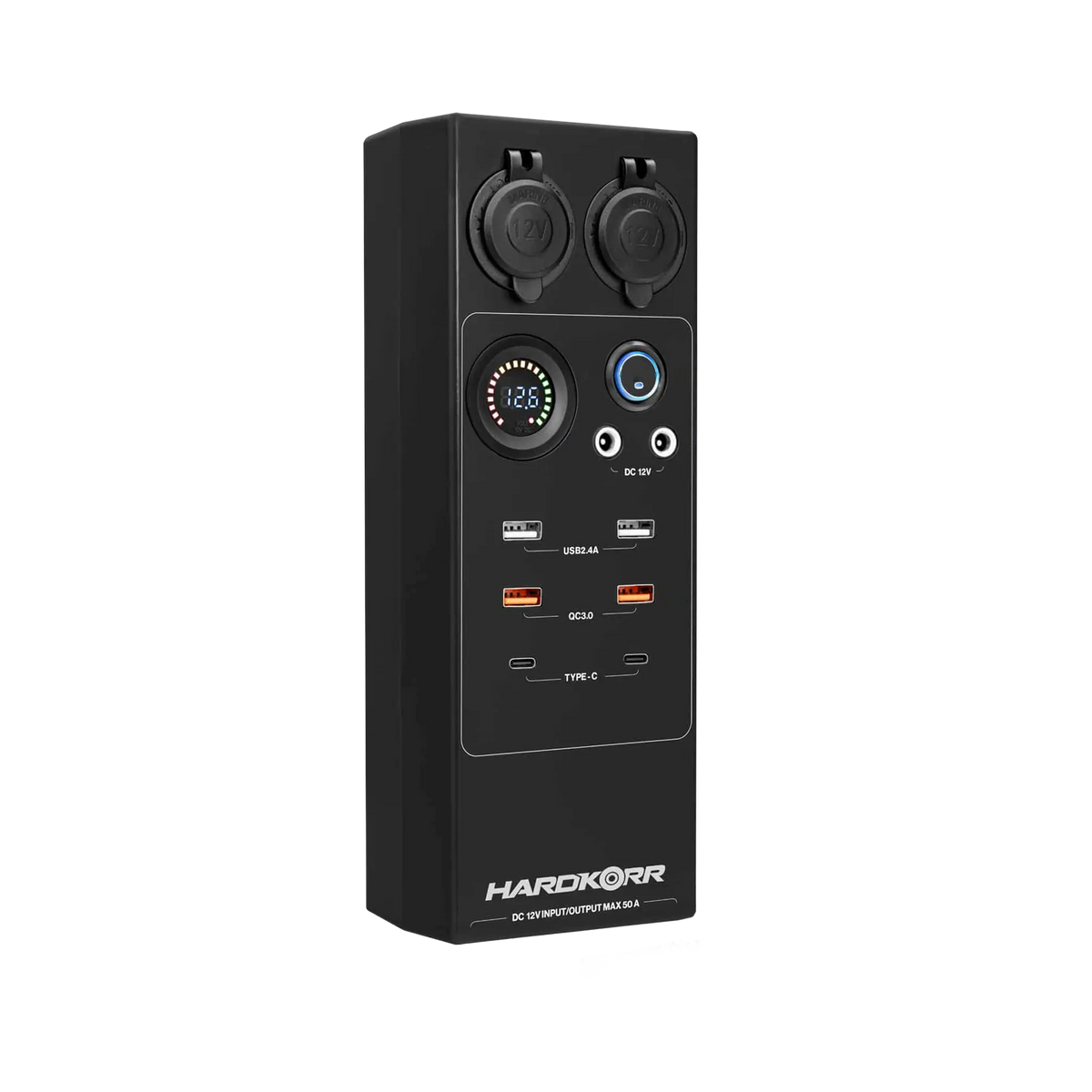 Large Hardkorr 12V DC power distribution box front view with covered sockets, a voltmeter and USB ports.
