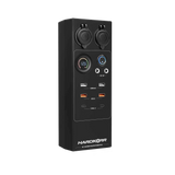 Large Hardkorr 12V DC power distribution box front view with covered sockets, a voltmeter and USB ports.