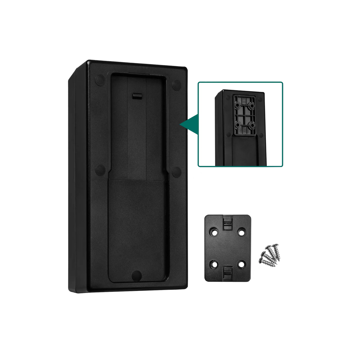 Small Hardkorr 12V DC power distribution box rear view with mounting plate, screws and an attachment slot inset.