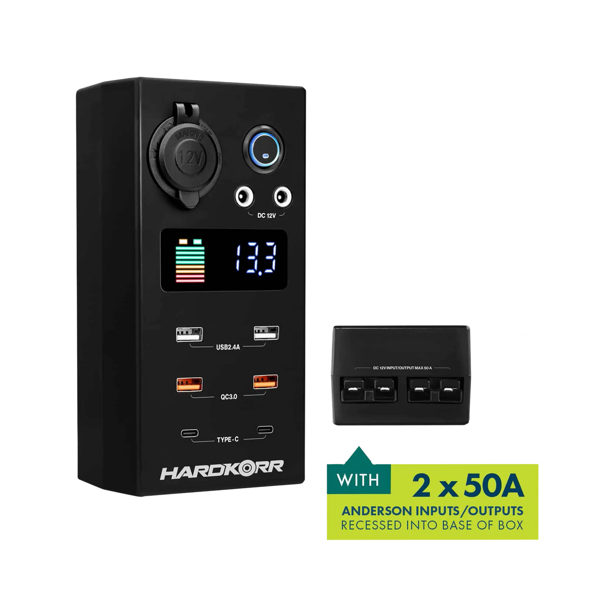 Small Hardkorr 12V DC power distribution box angled view with an inset of its two 50A Anderson ports.