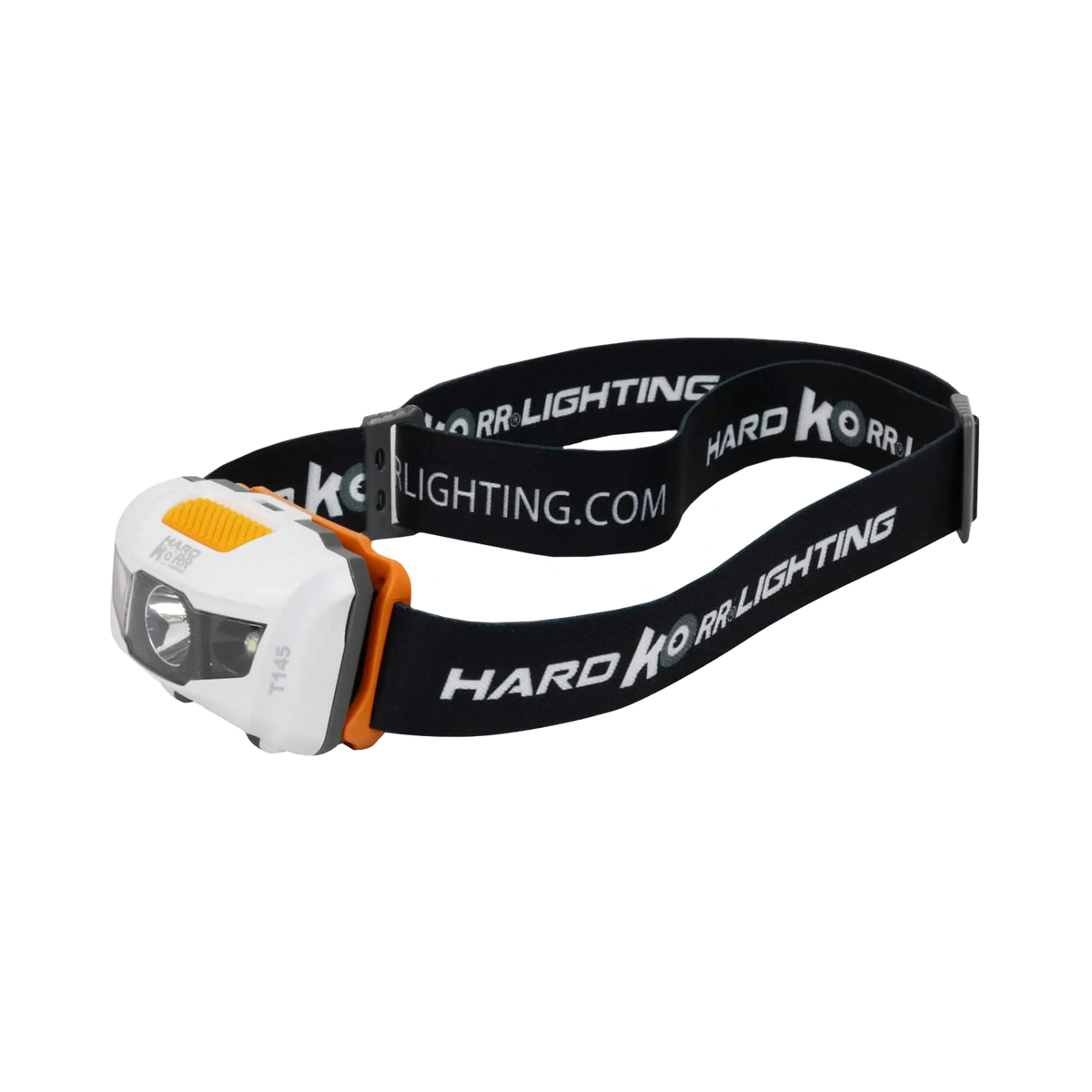 Hardkorr 145 lumen headtorch in an angled view with a white housing, orange button and black headband.
