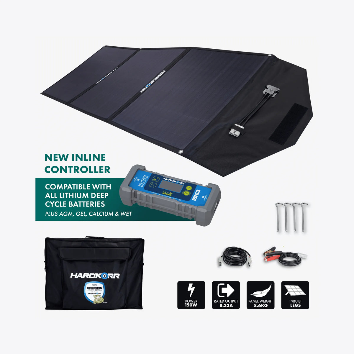 Hardkorr 150W 12V portable solar mat kit diagram with a regulator close up and product specifications icons.