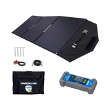 Hardkorr 150W 12V portable solar mat kit with regulator, carry bag, pegs and positive and negative battery clamps.