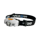 Hardkorr 155 lumen slimline headtorch in an angled view with white housing and a black headband.