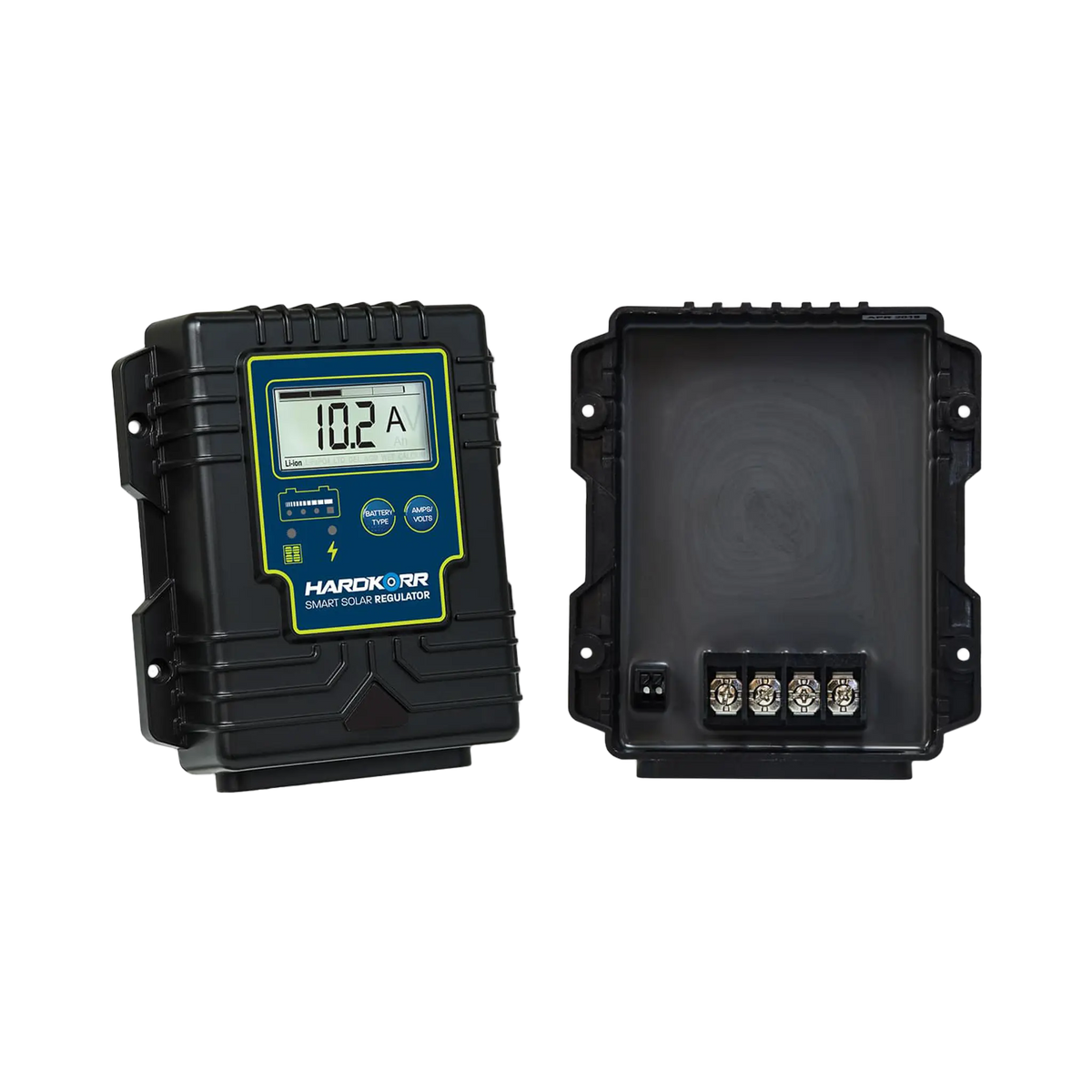 Hardkorr 15A waterproof PWM smart solar regulator front and back views with the rear screw terminals visible.