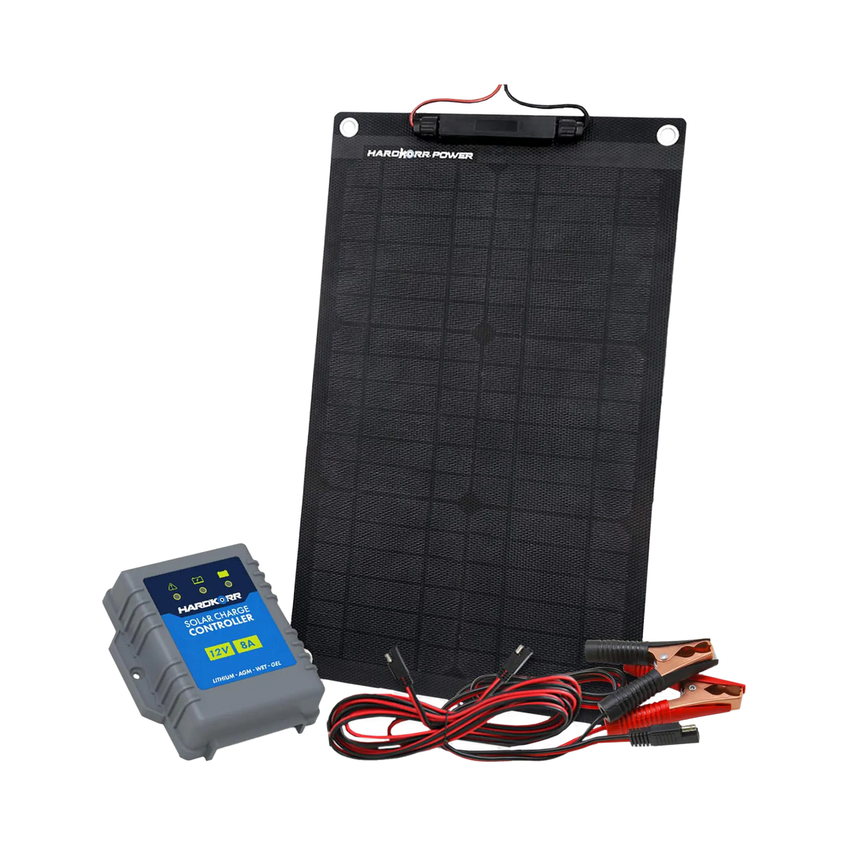 Hardkorr 15W 12V solar panel trickle charger kit with a regulator and positive and negative battery clamps.