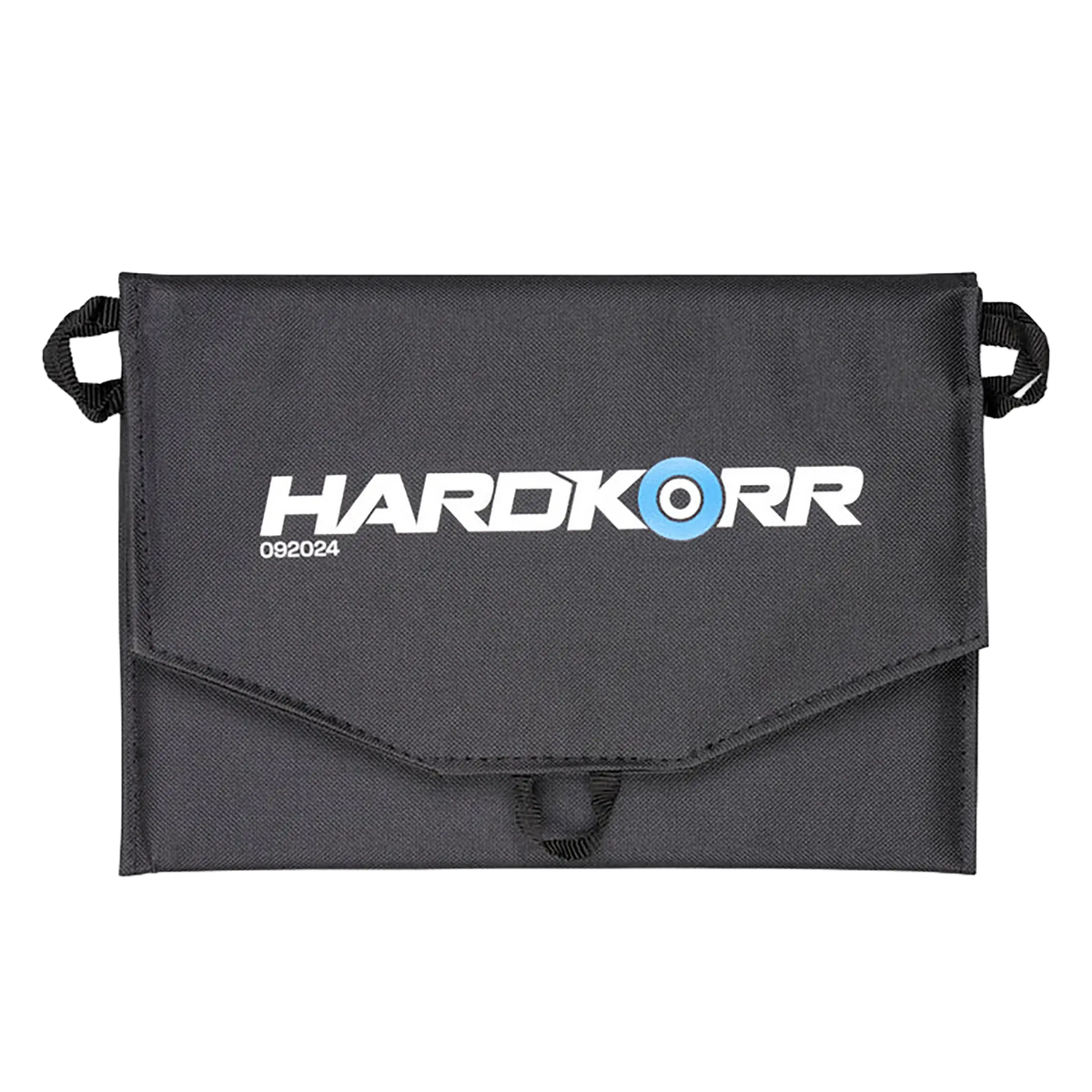 Hardkorr 15W dual USB solar device charger v2 folded closed in a straight view with its branded flap and hanging loops.
