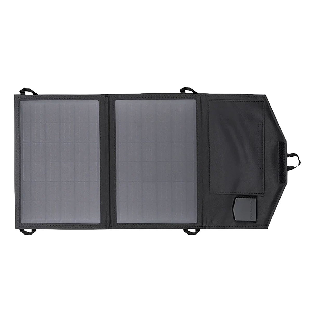 Hardkorr 15W dual USB solar device charger v2 laid flat in a top view with solar cells and the open end flap.