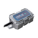Hardkorr 1A 240V AC battery charger angled top view with green status light.