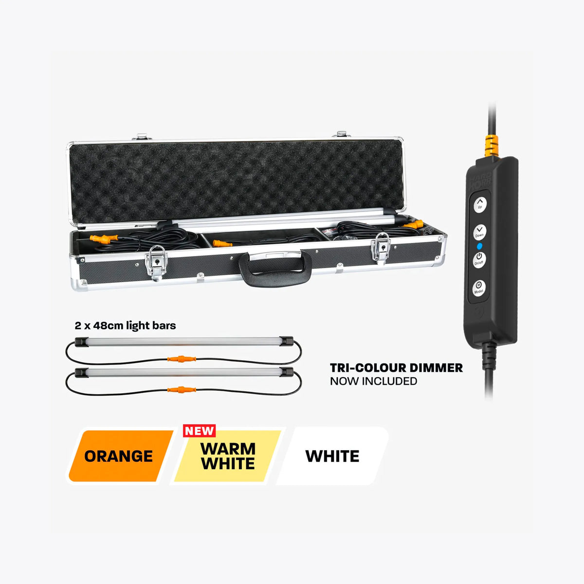 Hardkorr 2 bar LED camp light kit colour guide with a dimmer and orange, warm white and white options.