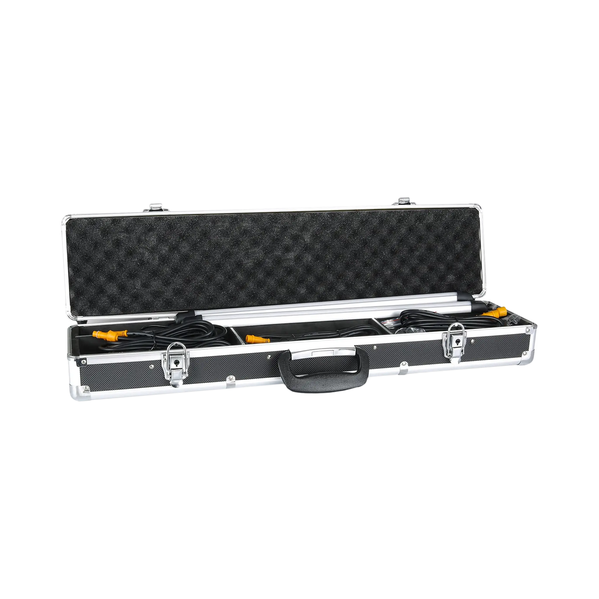 Hardkorr 2 bar LED camp light kit in an open carry case with light bars and coiled cables in compartments.
