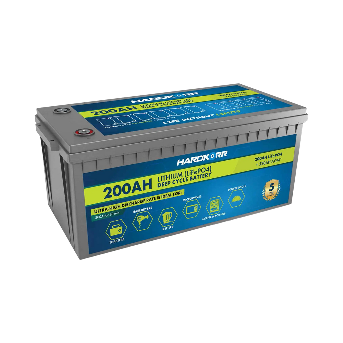 Hardkorr 200Ah 12V lithium battery front left view with a grey case, top terminals and blue and yellow labels.