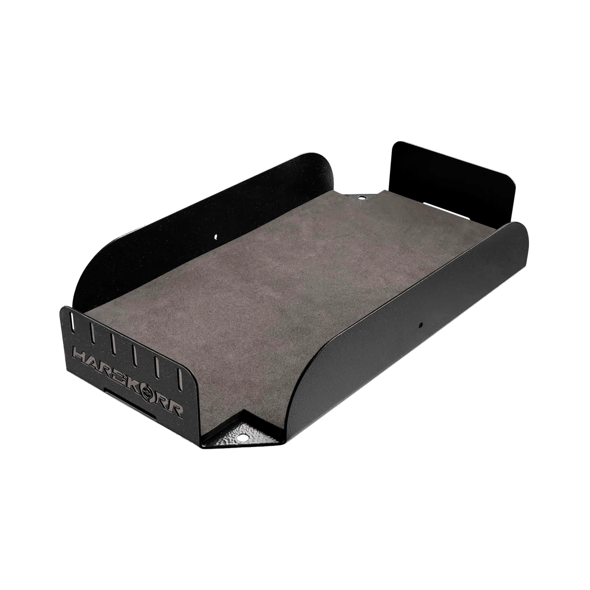 Hardkorr 200Ah lithium battery tray angled view showing the rubber base, side walls and front retaining panel.