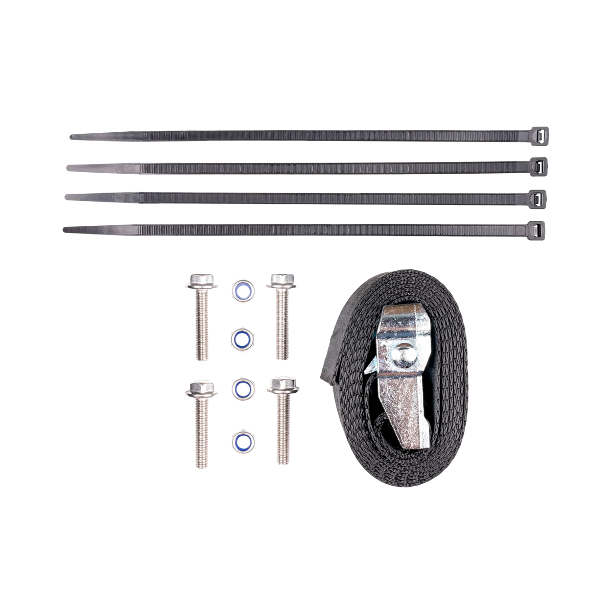 Hardkorr 200Ah lithium battery tray fitting kit with cable ties, bolts, washers and a tie down strap.