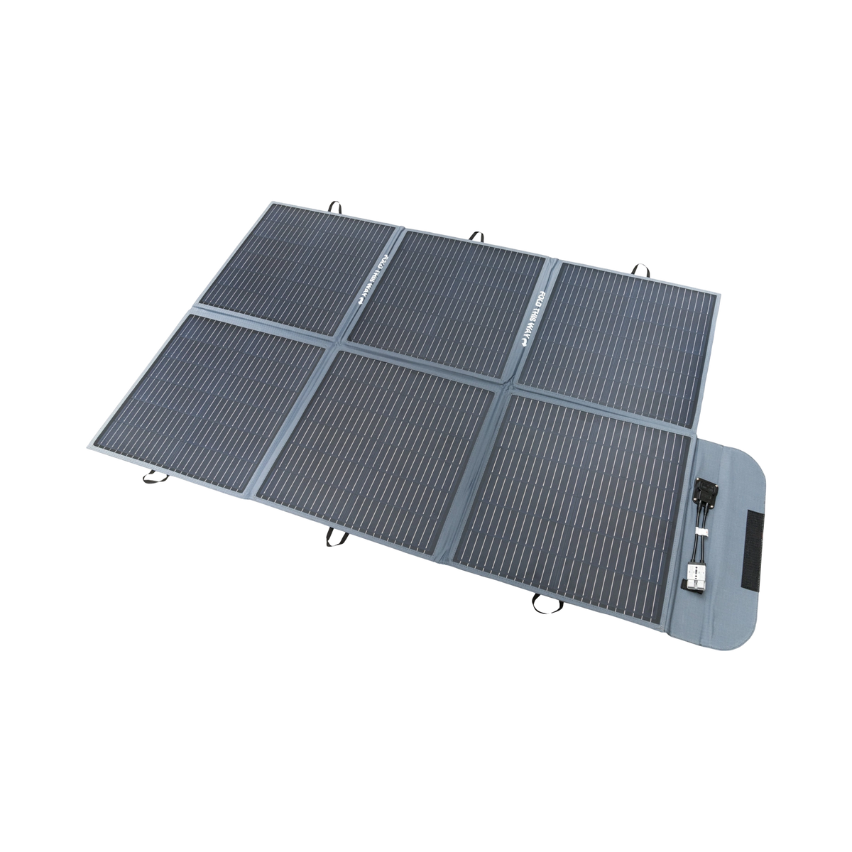 Hardkorr 200W 12V portable solar blanket unfolded with six sections of solar cells and a anderson connector on the end flap.