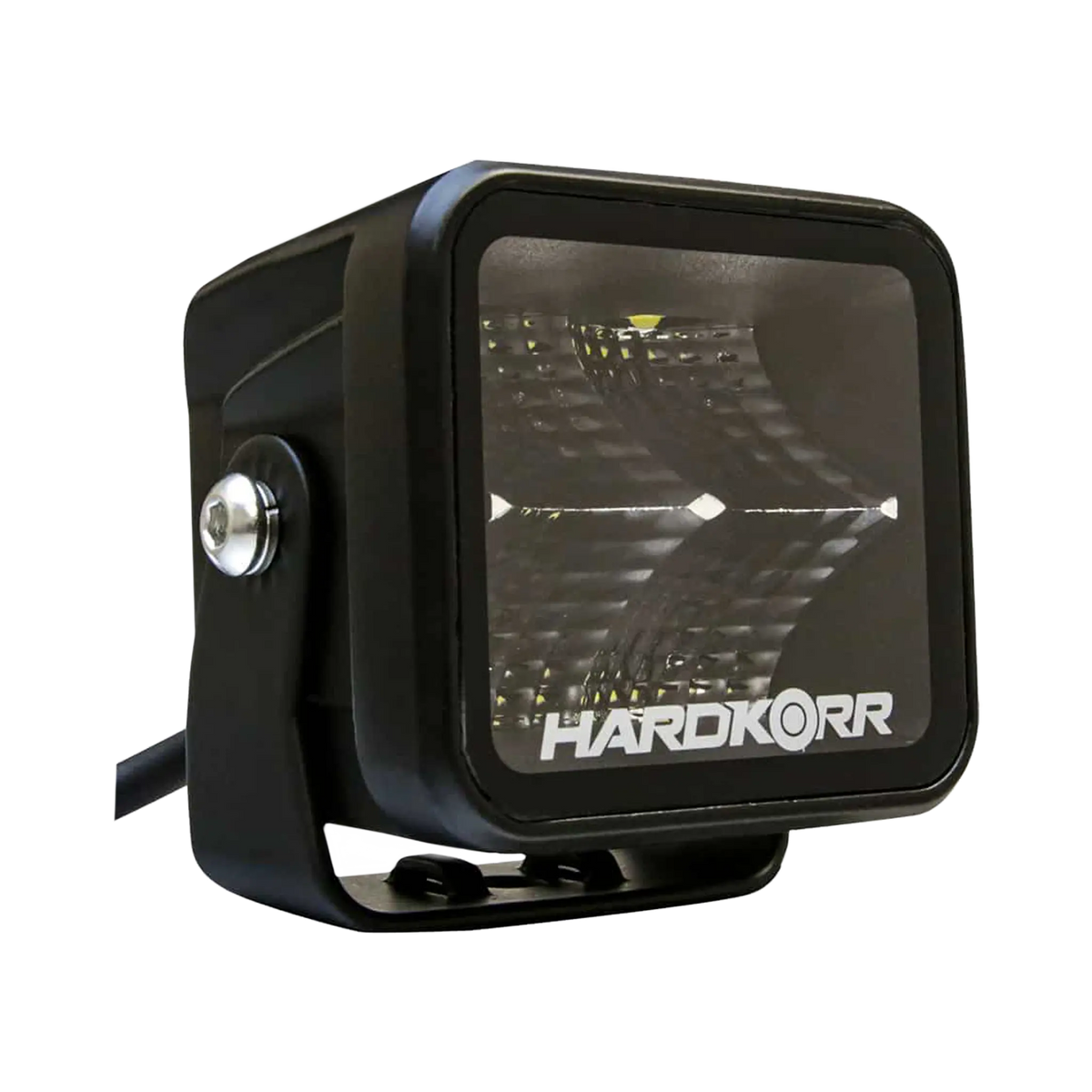 Hardkorr 20W XDW square LED work light front left view with a mounting bracket and side pivot bolt.