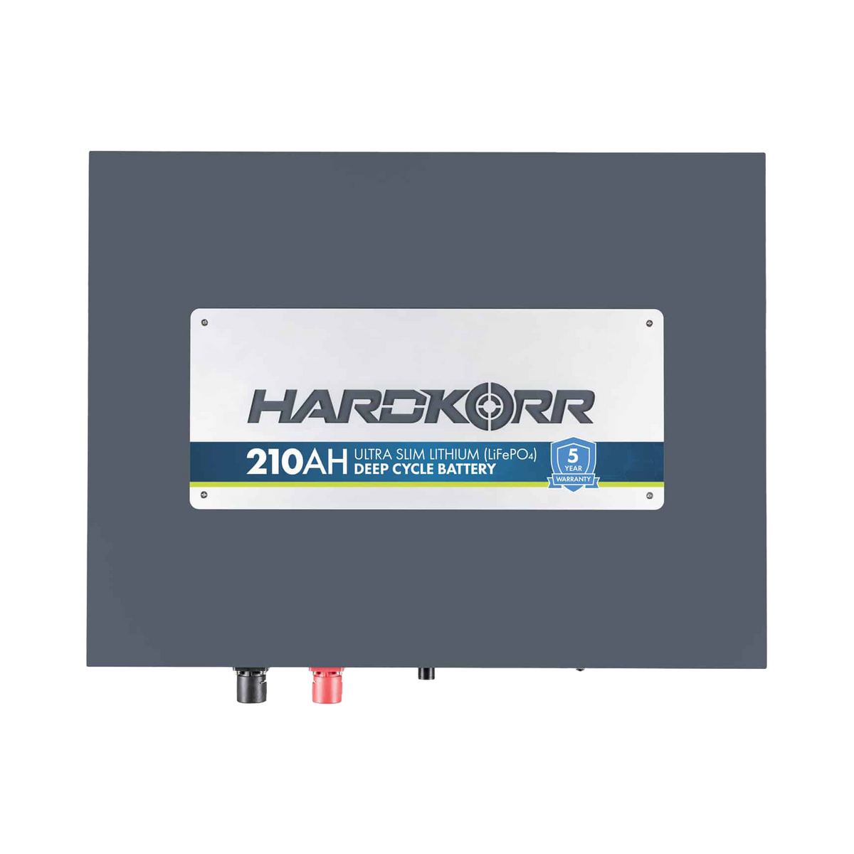 Hardkorr 210Ah 12V slimline lithium battery front view with positive and negative terminal covers.