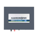 Hardkorr 210Ah 12V slimline lithium battery front view with positive and negative terminal covers.
