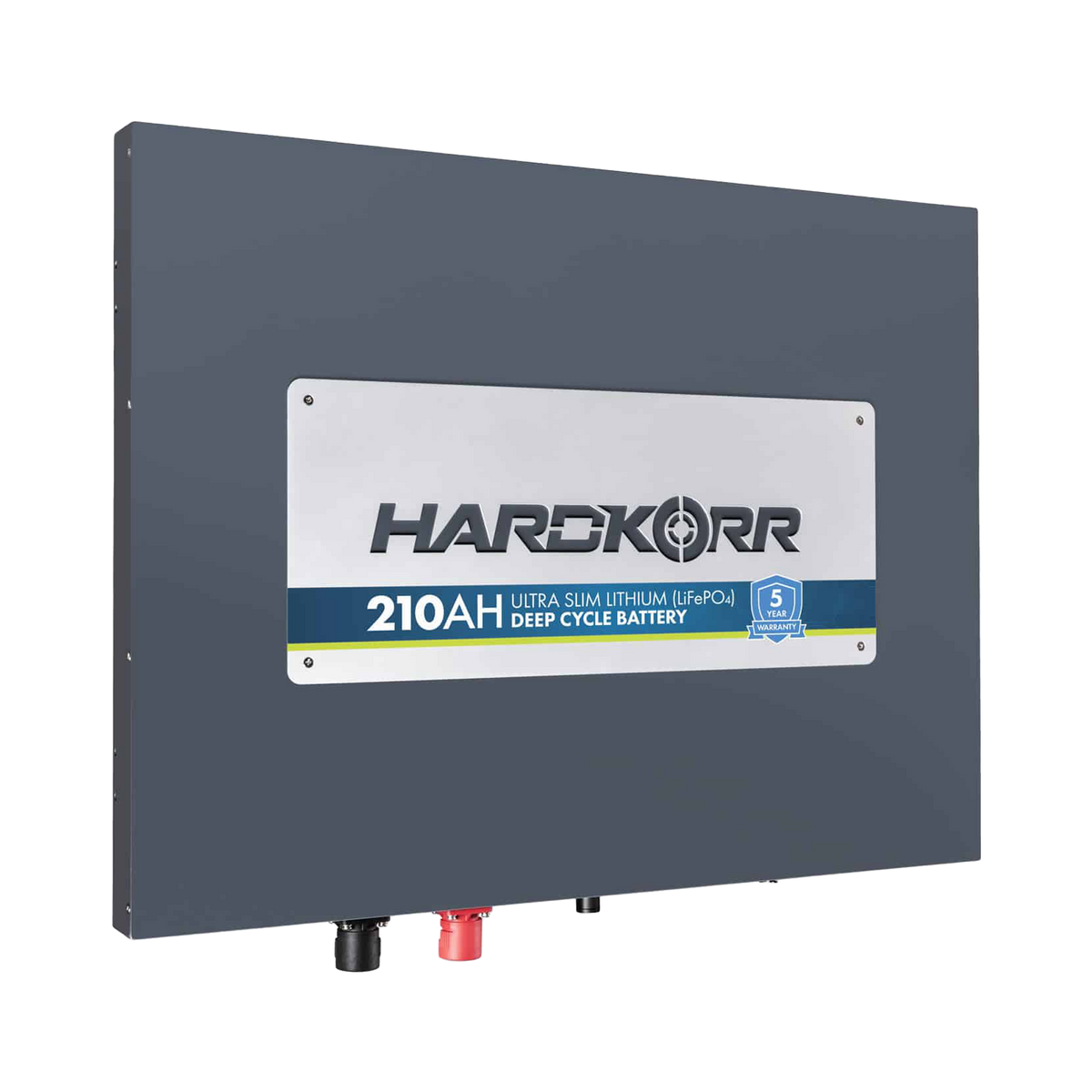 Hardkorr 210Ah 12V slimline lithium battery front left view showing its thin metal case.