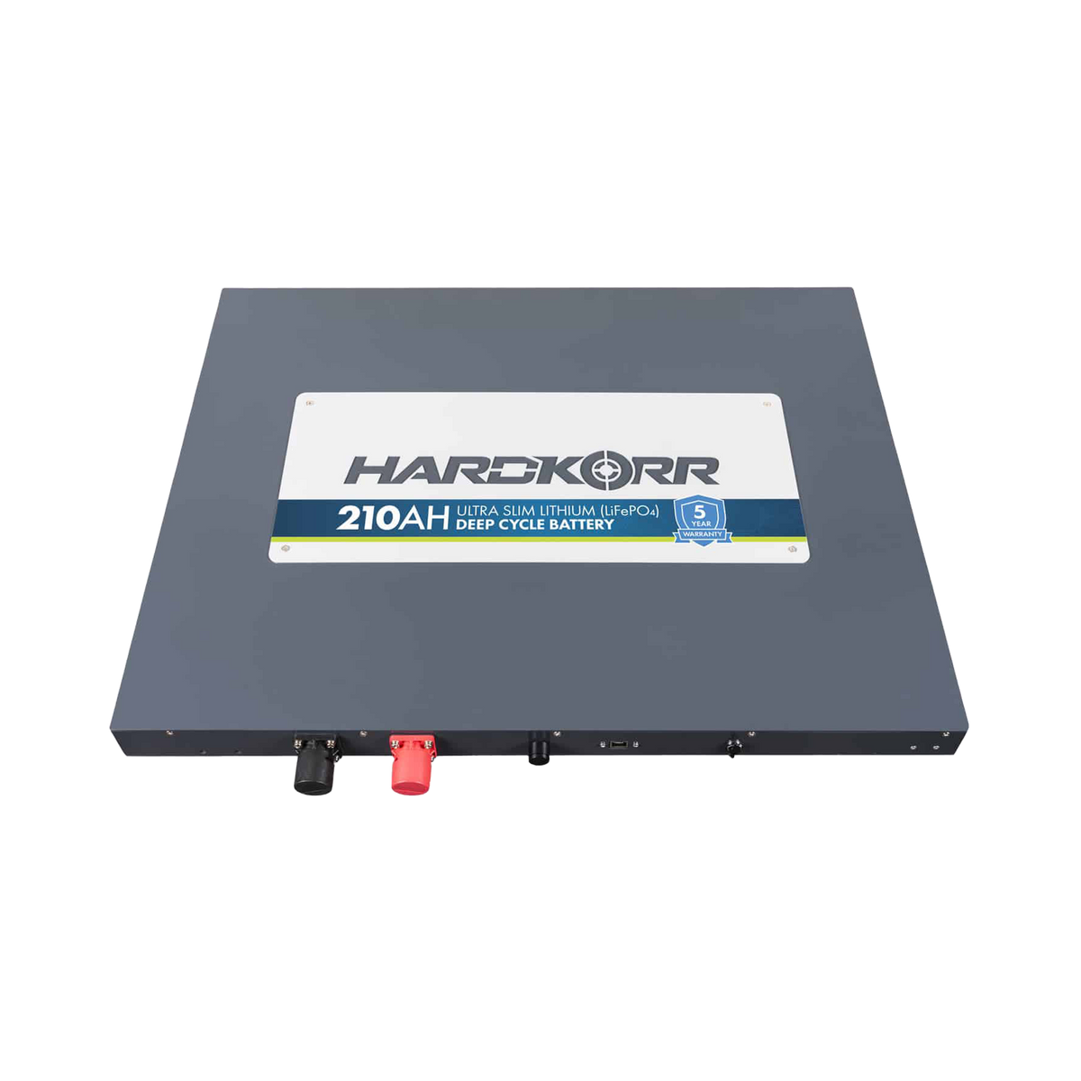 Hardkorr 210Ah 12V slimline lithium battery lying flat with its front label facing upwards.