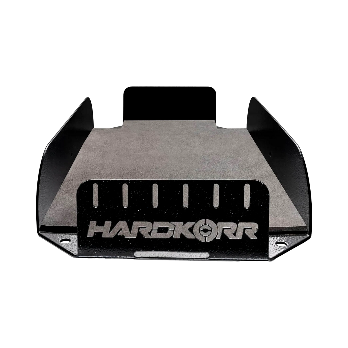 Hardkorr 240Ah lithium battery tray straight front view showing the slotted panel and cutout logo.