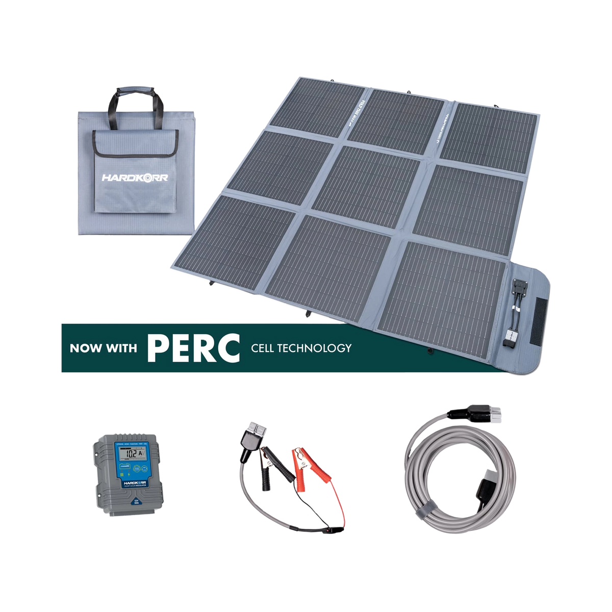 Hardkorr 250W solar blanket kit with a 20A regulator, extension lead and positive and negative battery clamps.