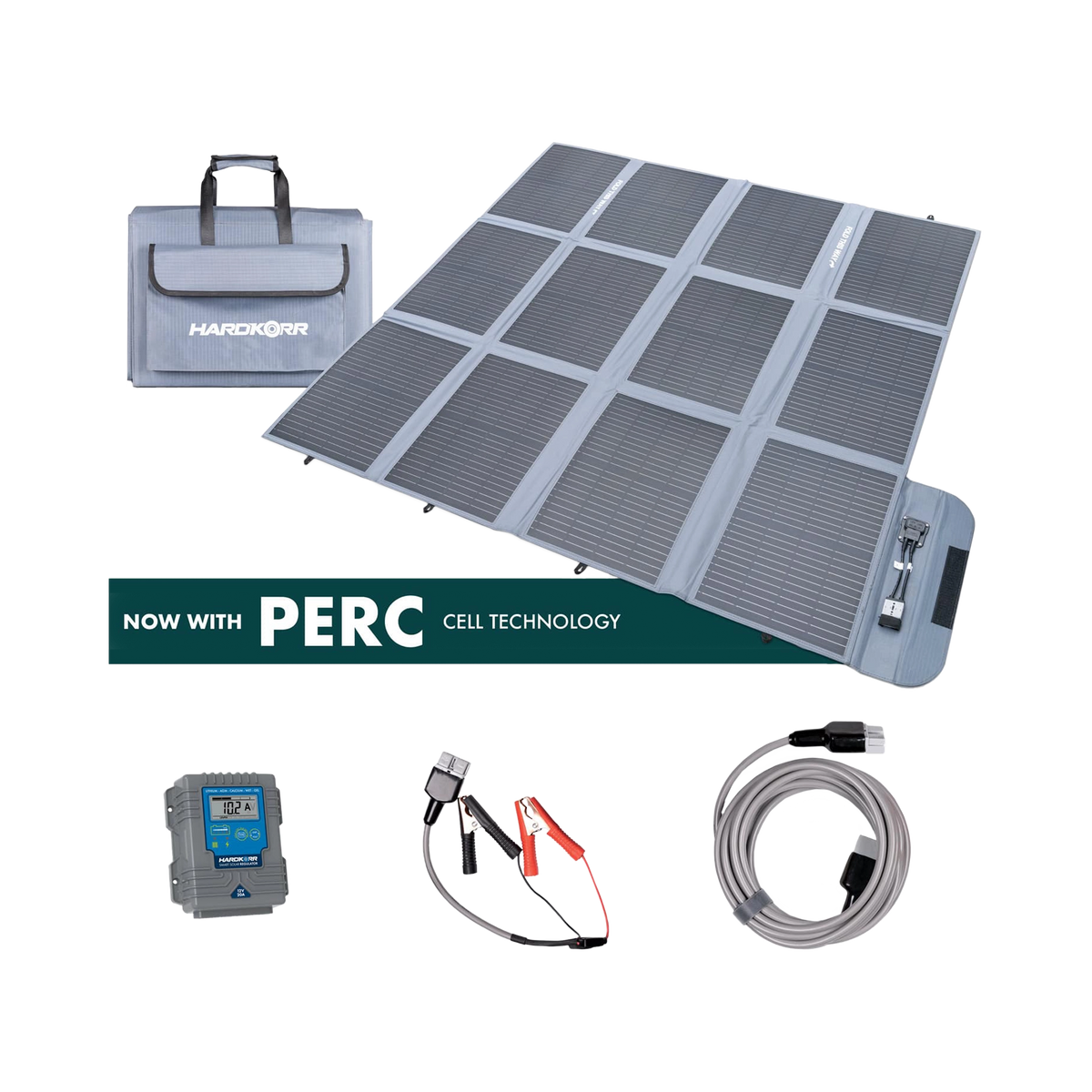 Hardkorr 300W solar blanket kit with a 20A regulator, extension lead and positive and negative battery clamps.
