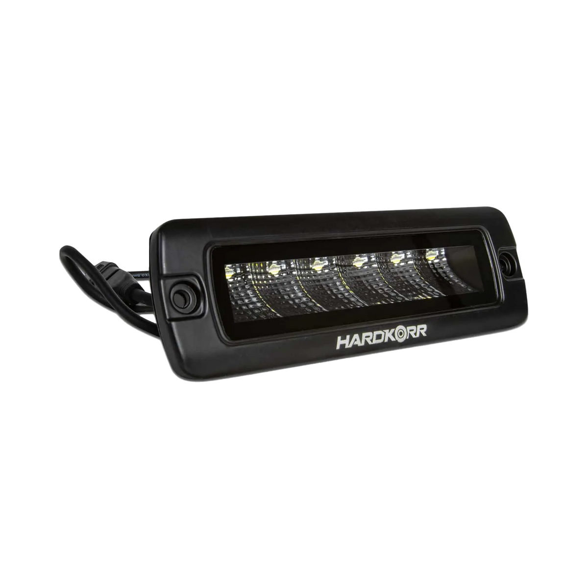 Hardkorr 30W XDW flush mount LED work light front angled view with a clear lens and mounting holes in the bezel.