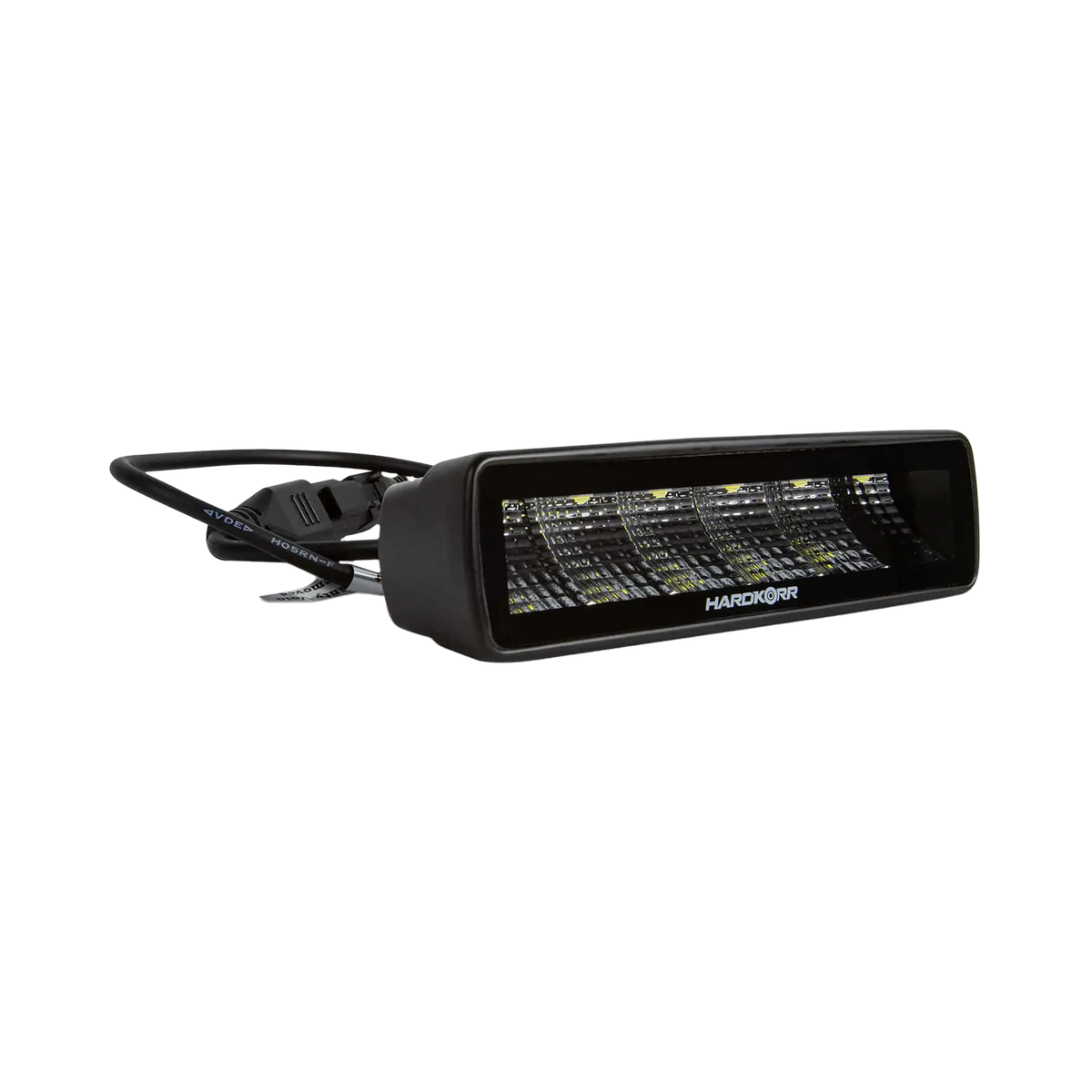 Hardkorr 30W XDW slimline LED work light front angled view with a narrow rectangular lens and cable behind.